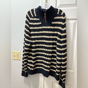LL Bean Mens Ivory/Navy Stripe Fisherman 1/2 Zip Sweater Cotton Cable Knit XL